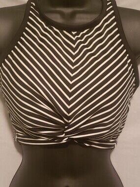 Kona Sol Black & White Striped  Halter Crop Dry Fit Bikini Top Sz. Med Racerback